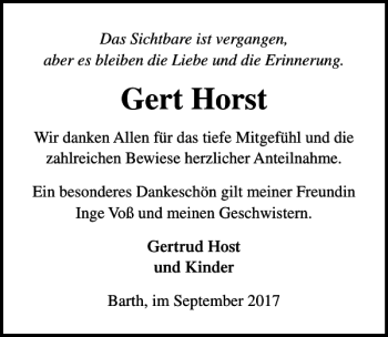 Traueranzeige von Gert Horst von Ostsee-Zeitung