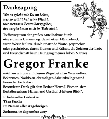 Traueranzeige von Gregor Franke von Leipziger Volkszeitung
