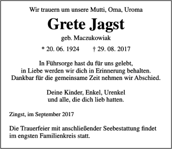 Traueranzeige von Grete Jagst von Ostsee-Zeitung