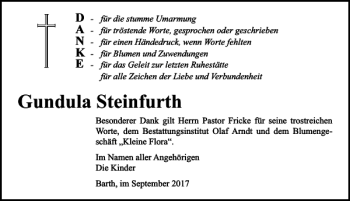 Traueranzeige von Gundula Steinfurth von Ostsee-Zeitung