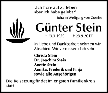 Traueranzeige von Günter Stein von HAZ/NP