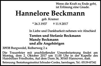 Traueranzeige von Hannelore Beckmann von HAZ/NP