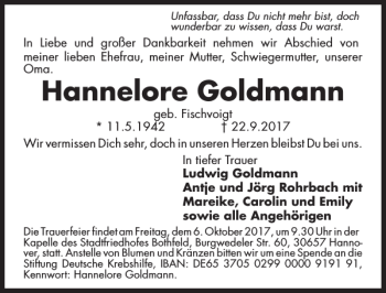 Traueranzeige von Hannelore Goldmann von HAZ/NP