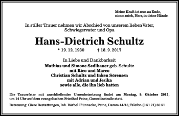 Traueranzeige von Hans-Dietrich Schultz von Peiner Allgemeine Zeitung