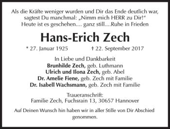 Traueranzeige von Hans-Erich Zech von HAZ/NP