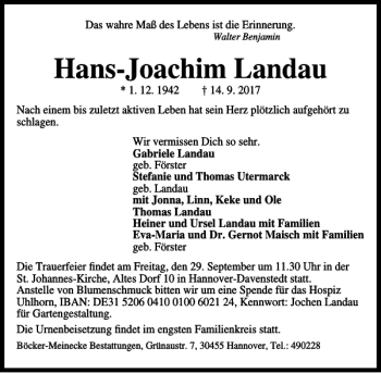 Traueranzeige von Hans-Joachim Landau von HAZ/NP