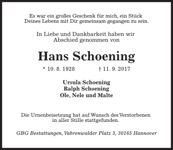 Traueranzeige von Hans Schoening von HAZ/NP