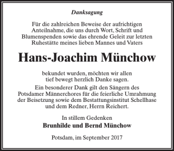 Traueranzeige von Hans Joachim Münchow von MAZ-Trauer.de