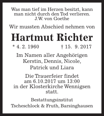 Traueranzeige von Hartmut Richter von HAZ/NP