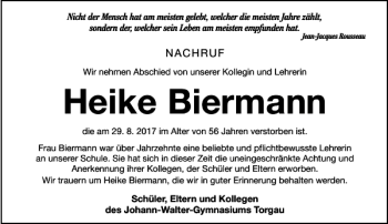 Traueranzeige von Heike Biermann von Torgauer Zeitung