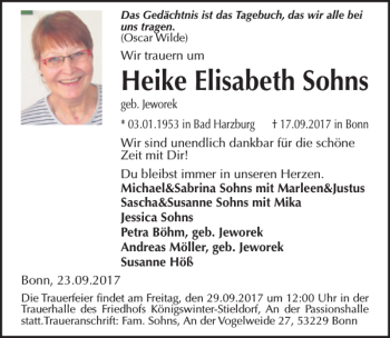 Traueranzeige von Heike Elisabeth Sohns von HAZ/NP