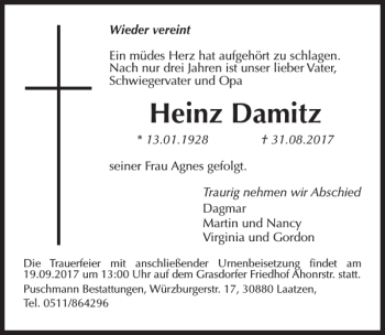 Traueranzeige von Heinz Damitz von HAZ/NP