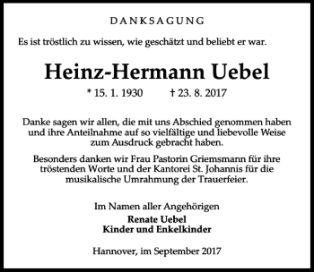 Traueranzeige von Heinz-Hermann Uebel von HAZ/NP