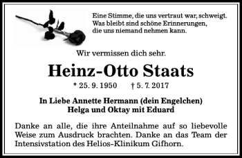 Traueranzeige von Heinz Otto Staats von Aller Zeitung / Wolfsburger Allgemeine