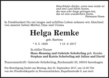 Traueranzeige von Helga Remke von HAZ/NP