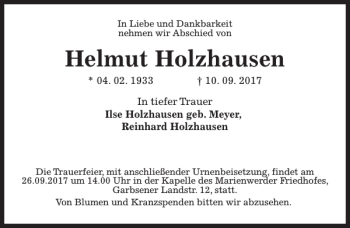 Traueranzeige von Helmut Holzhausen von HAZ/NP