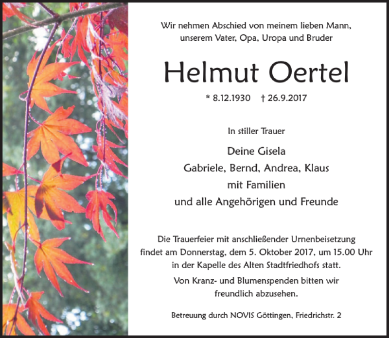  Traueranzeige für Helmut Oertel vom 30.09.2017 aus Göttinger Tageblatt