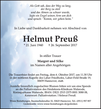 Traueranzeige von Helmut Preuß von HAZ/NP