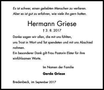 Traueranzeige von Hermann Griese von HAZ/NP