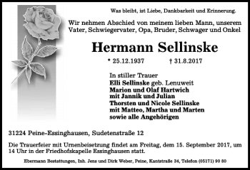Traueranzeige von Hermann Sellinske von Peiner Allgemeine Zeitung