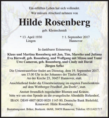 Traueranzeige von Hilde Rosenberg von HAZ/NP