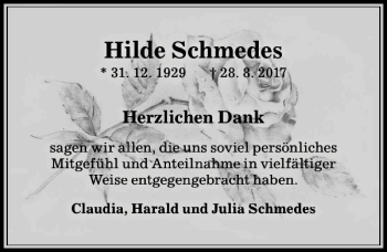 Traueranzeige von Hilde Schmedes von Peiner Allgemeine Zeitung