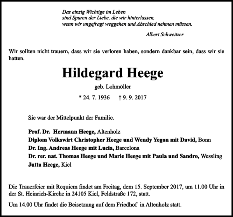  Traueranzeige für Hildegard Heege vom 12.09.2017 aus Kieler Nachrichten / Segeberger Zeitung