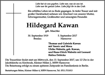 Traueranzeige von Hildegard Kawan von HAZ/NP