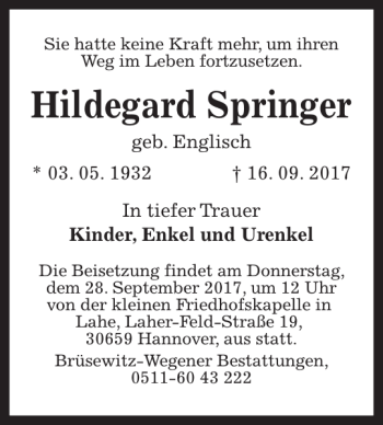 Traueranzeige von Hildegard Springer von HAZ/NP