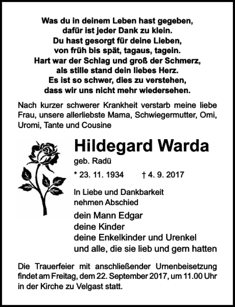  Traueranzeige für Hildegard Warda vom 16.09.2017 aus Ostsee-Zeitung