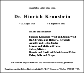 Traueranzeige von Hinrich Kronsbein von HAZ/NP