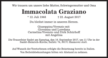 Traueranzeige von Immacolata Graziano von HAZ/NP