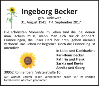 Traueranzeige von Ingeborg Becker von HAZ/NP