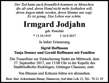 Traueranzeige von Irmgard Jodjahn von HAZ/NP