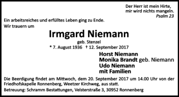 Traueranzeige von Irmgard Niemann von HAZ/NP