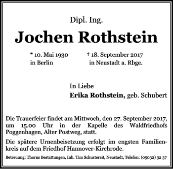 Traueranzeige von Jochen Rothstein von HAZ/NP