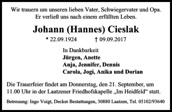 Traueranzeige von Johann Cieslak von HAZ/NP