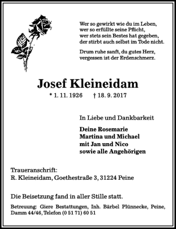 Traueranzeige von Josef Kleineidam von Peiner Allgemeine Zeitung