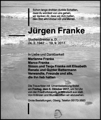 Traueranzeige von Juergen Franke von Peiner Allgemeine Zeitung