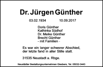 Traueranzeige von Jürgen Günther von HAZ/NP