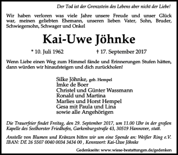 Traueranzeige von Kai-Uwe Jöhnke von HAZ/NP