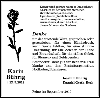 Traueranzeige von Karin Bührig von Peiner Allgemeine Zeitung