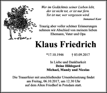 Traueranzeige von Klaus Friedrich von MAZ-Trauer.de