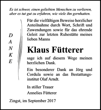Traueranzeige von Klaus Fütterer von Ostsee-Zeitung