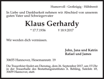 Traueranzeige von Klaus Gerhardy von HAZ/NP