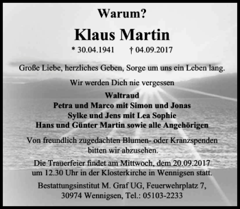 Traueranzeige von Klaus Martin von HAZ/NP