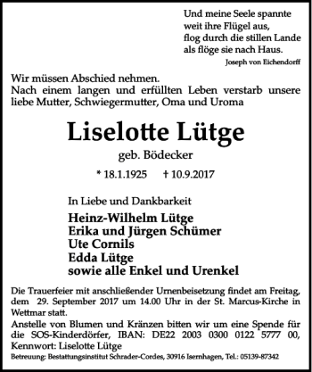 Traueranzeige von Liselotte Lütge von HAZ/NP