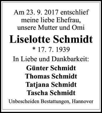 Traueranzeige von Liselotte Schmidt von HAZ/NP