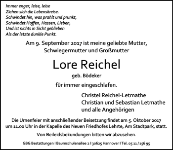 Traueranzeige von Lore Reichel von HAZ/NP