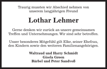 Traueranzeige von Lothar Lehmer von Kieler Nachrichten / Segeberger Zeitung